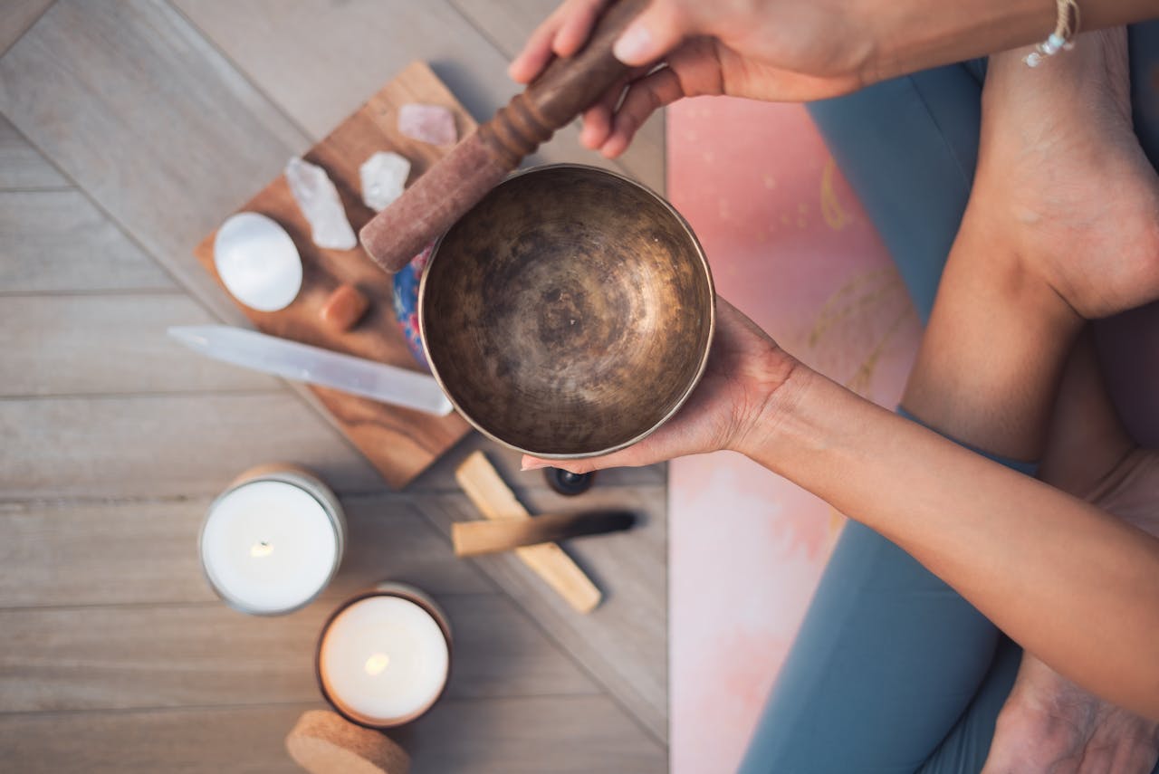 ours-journey Experience tranquility with a Tibetan singing bowl and meditation setup, enhancing your spiritual practice.