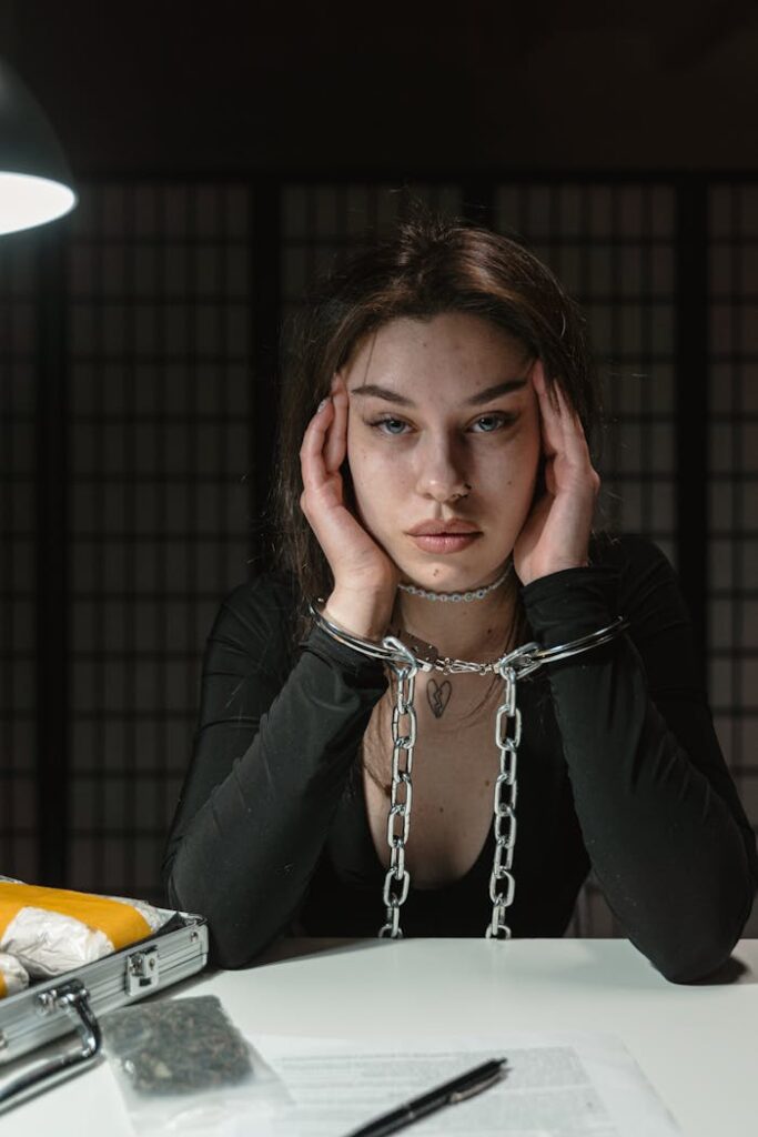 Woman in handcuffs, sitting in a dimly-lit room, appearing contemplative.